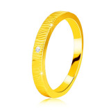 Inel din aur galben de 14K - crestături decorative fine, zircon transparent, 1,3 mm - Marime inel: 54