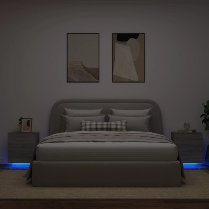 Gossi noptiere cu lumini led, 2 buc., sonoma gri, lemn prelucrat