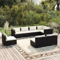 Set mobilier de gradina cu perne, 8 piese, negru, poliratan