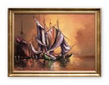 Tablou living apus de soare cu veliere pictat manual inramat, 85x60cm ulei pe panza rama din lemn, Geo Ungureanu