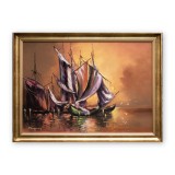 Tablou living apus de soare cu veliere pictat manual inramat, 85x60cm ulei pe panza rama din lemn, Geo Ungureanu