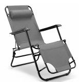 Sezlong pliabil de gradina gri, cu pozitie orizontala si tetiera reglabila