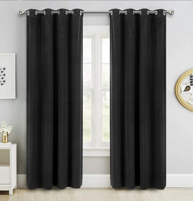 Set draperii din catifea cu inele argintii, Madison, 150x210 cm, densitate 700 g/ml, Negru, 2 buc