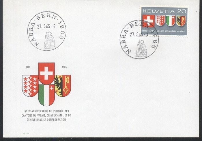 Switzerland 1965 Wallis, Neuenburg, Geneva, FDC K.358