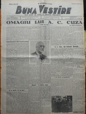 Buna Vestire, ziar liber de lupta si doctrina, 11 april. 1937, omagiu A. C. Cuza foto