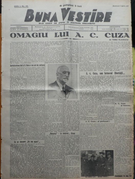 Buna Vestire, ziar liber de lupta si doctrina, 11 april. 1937, omagiu A. C. Cuza
