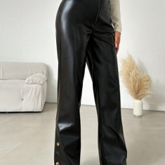 Pantaloni model piele, cu nasturi, negru, dama, Shein