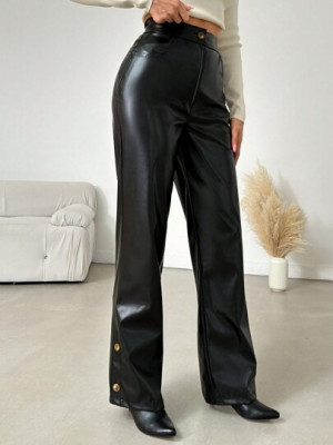 Pantaloni model piele, cu nasturi, negru, dama, Shein foto