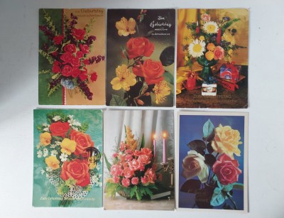 Lot 6 felicitari tip vedere, vechi, anii 70-80, diverse tari straine (URSS, Ungaria, Germania), cu flori, scrise, 4 circulate, 2 necirculate foto
