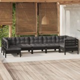 Cumpara ieftin Set mobilier grădină cu perne, 7 piese, negru, lemn de pin