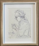 Tablou 1996 Portret Batrana Croitoreasă grafică &icirc;n creion și pix inramat 22x27cm