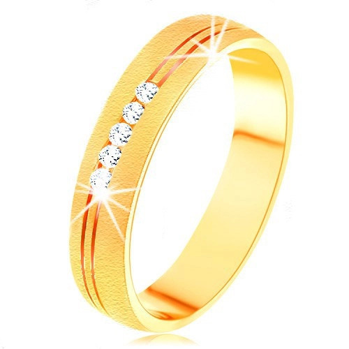 Inel din aur galben de 14K cu suprafaţă satinată, crestătură dublă, zirconii transparente - Marime inel: 63