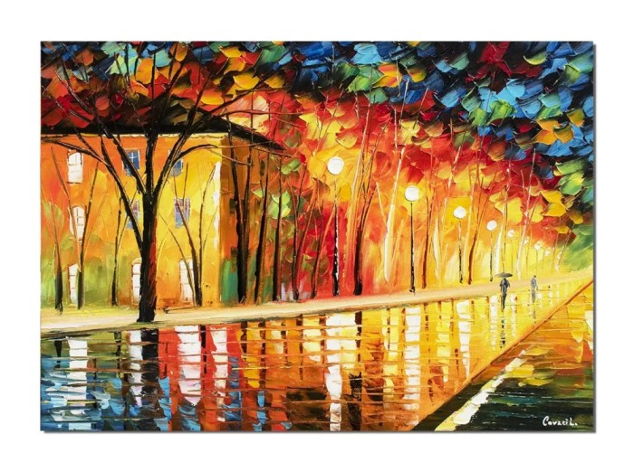 Tablou pictat manual, La ceas de seara prin centrul vechi, stilizat, 70x50cm ulei pe panza, Spectaculos