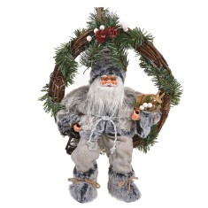 Decoratiune sarbatori tip coronita pentru usa, 36 cm, model Mos Craciun cu felinar si schiuri