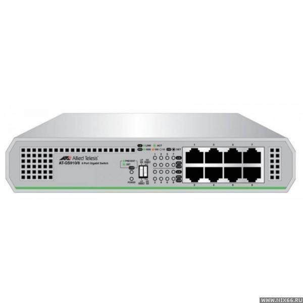 Switch cu 8 porturi Allied Telesis AT-GS910/8-50,&nbsp; fara management SafetyGuard Surveillance