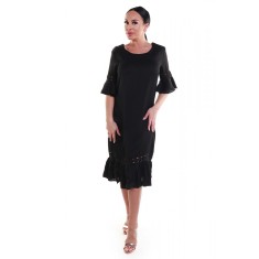 V678-1 Rochie neagra midi cu maneci trei sferturi si volanase