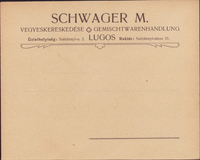 HST A976 Plic antet magazin universal Schwager M Lugoj ante 1918 austro-ungar