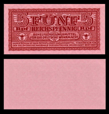 GERMANIA █ bancnota █ 5 Reichspfennig █ 1942 █ P-M33 Ro. 502 █ WEHRMACHT █ UNC foto