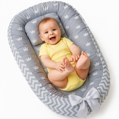 Cosulet Bebelusi pentru Dormit tip Baby Nest, Linomag&reg;, cu Doua Fete, 0-24 Luni, 90x55cm, Husa Bumbac, Confort &amp; Siguranta, Gri deschis/Gri inchis