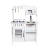 Bucatarie din lemn si MDF pentru copii, cuptor cu microunde, chiuveta, rafturi, ustentile pentru gatit, 60x30x85 cm, alba, ProCart