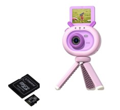 Pachet: Camera foto digitala pentru copii, THD S2, rezolutie foto 12 megapixeli, video 1080p, ecran rabatabil selfie, card microSD 32Gb, buburuza roz