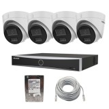 Sistem de supraveghere complet Hikvision IP ,PoE, cu 4 camere, 2MP, Dual Light, microfon, NVR 4 canale, Functii AI, AcuSense, 1x HDD 1TB si cablu UTP