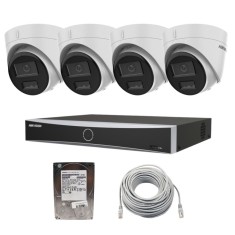Sistem de supraveghere complet Hikvision IP ,PoE, cu 4 camere, 2MP, Dual Light, microfon, NVR 4 canale, Functii AI, AcuSense, 1x HDD 1TB si cablu UTP