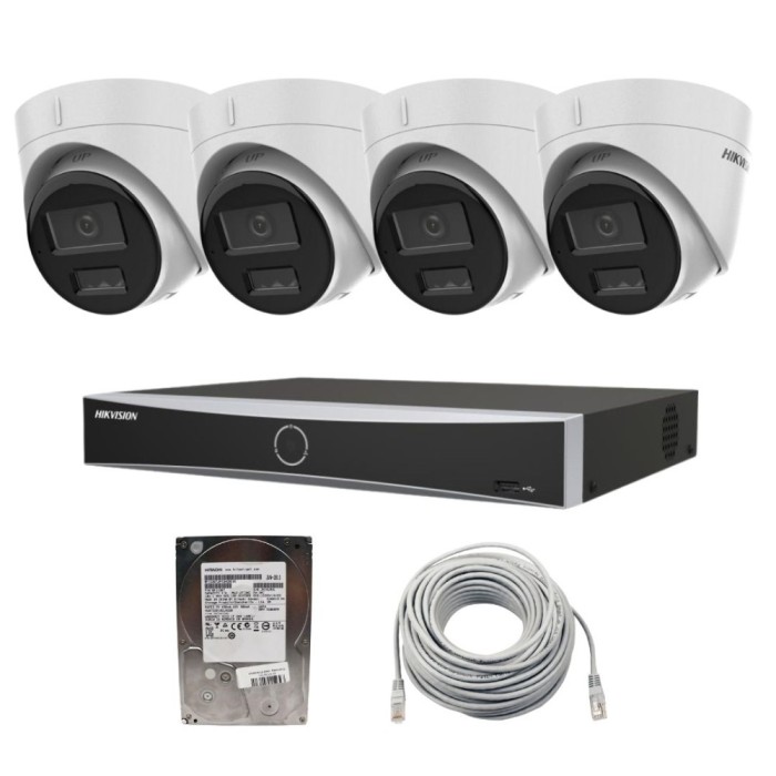 Sistem de supraveghere complet Hikvision IP ,PoE, cu 4 camere, 2MP, Dual Light, microfon, NVR 4 canale, Functii AI, AcuSense, 1x HDD 1TB si cablu UTP