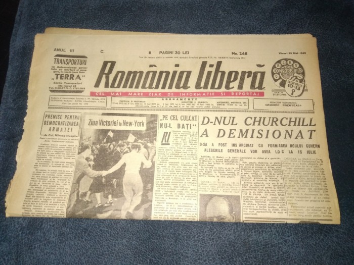ZIAR ROMANIA LIBERA 25 MAI 1945 CHURCHILL A DEMISIONAT