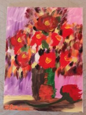 TABLOU PE PANZA CU SASIU NOU 30X40 CM VAS CU FLORI STILIZAT ACRILIC PRET DOAR 20 LEI PICTOR FLORIAN
