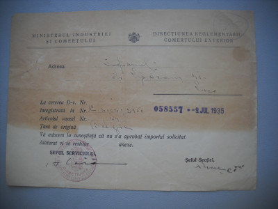 HOPCT DOCUMENT VECHI 370 MINISTERUL INDUSTRIEI COMERT EXTERIOR /BUCURESTI 1936 foto