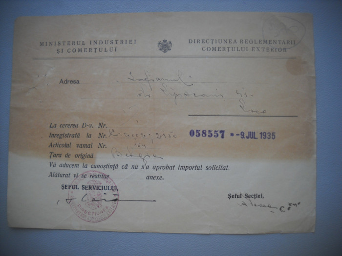 HOPCT DOCUMENT VECHI 370 MINISTERUL INDUSTRIEI COMERT EXTERIOR /BUCURESTI 1936