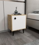 Cumpara ieftin Noptiera Hastikoz cu usa, Alb - Stejar - Lemn Natural, 45 x 65 x 35 cm