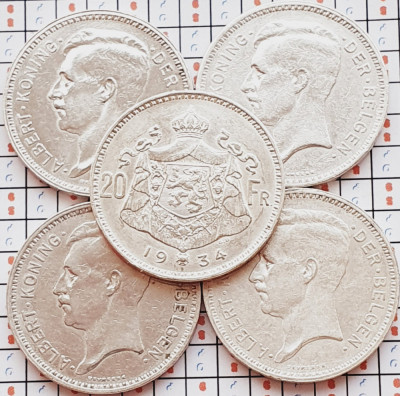 1160 Belgia 20 francs 1934 Albert I (Dutch text) km 104 argint foto