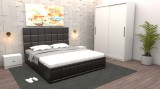 Dormitor Regal cu Pat Tapitat Negru imitatie piele cu dulap usi glisante Alb fara oglinda si fara comoda Tv