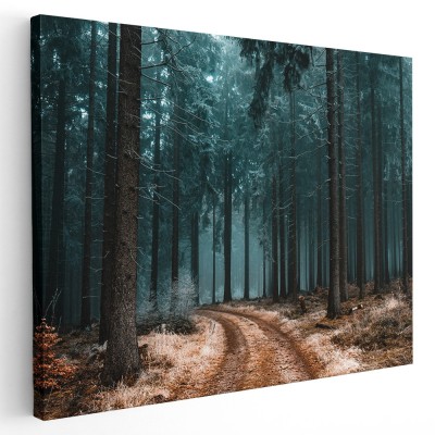 Tablou canvas peisaj padure in ceata nuante verde, maro, gri 1046 Tablou canvas pe panza CU RAMA 60x90 cm foto