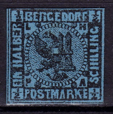 ✅ (S45) Germania veche - Bergedorf 1861 &amp;quot; Stema &amp;quot; 1/2 S , Michel nr.1 , neautentificat, pare a fi reimpresiune Moens 1887 , mint negumat foto