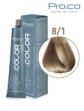 Vopsea de par profesionala PRO.COLOR 100 ml - Pro.Co - 8/1 BLOND DESCHIS CENUSIU