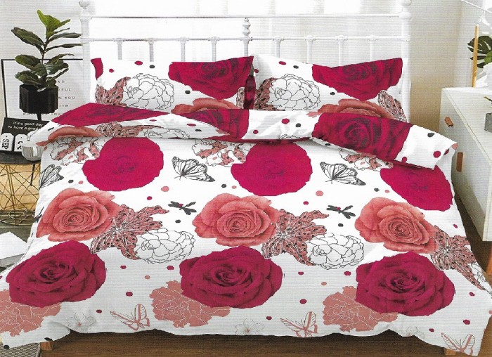 Lenjerie de pat matrimonial cu husa elastic pat si fata perna patrata, Hailey, bumbac mercerizat, multicolor