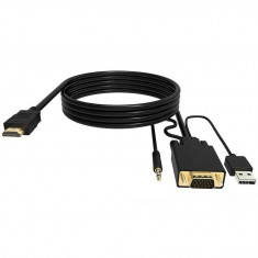 Cablu convertor HDMI tata Full HD 1080p la VGA tata, cu cablu usb si audio, 1.8m, negru