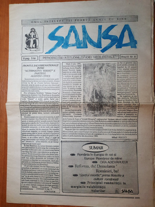 ziarul sansa 1991-periodic de atitudini si idei neoliberale