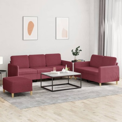 vidaXL Set canapea cu perne, 3 piese, roșu vin, material textil 3202132 foto
