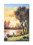 Tablou pictat manual, Apus de soare cu barca, 30x20cm ulei pe panza, Constantin Feraru