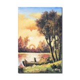 Tablou pictat manual, Apus de soare cu barca, 30x20cm ulei pe panza, Constantin Feraru