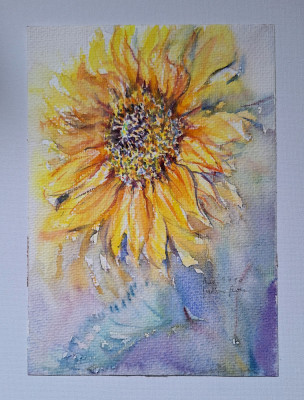 Pictura in acuarela neinramata - floarea soarelui, semnata, 2010, 17 x 24 cm foto