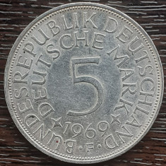 (A874) MONEDA DIN ARGINT GERMANIA - 5 MARK 1969, LIT F, 11,2 GRAME. PURITATE 625