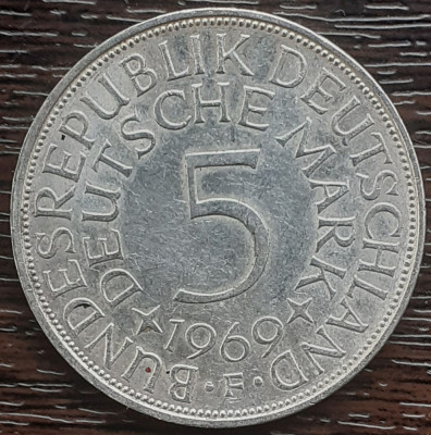 (A874) MONEDA DIN ARGINT GERMANIA - 5 MARK 1969, LIT F, 11,2 GRAME. PURITATE 625 foto