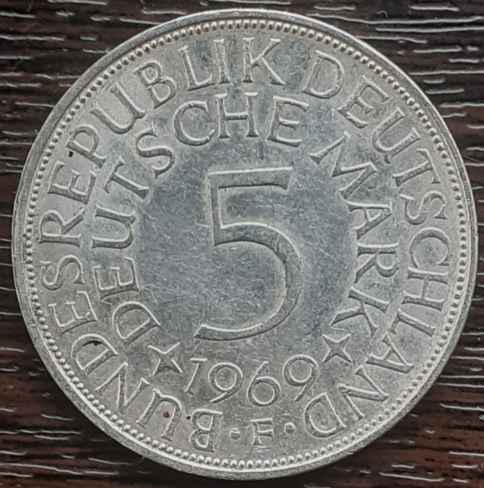 (A874) MONEDA DIN ARGINT GERMANIA - 5 MARK 1969, LIT F, 11,2 GRAME. PURITATE 625