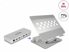 Docking station USB type C la HDMI/DisplayPort/LAN/Hub/HDR/PD + stand, Delock 18442