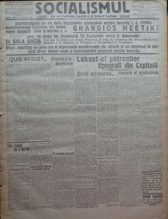 Ziarul Socialismul , Organul Partidului Socialist , nr. 35 / 1920 , I. C. Frimu